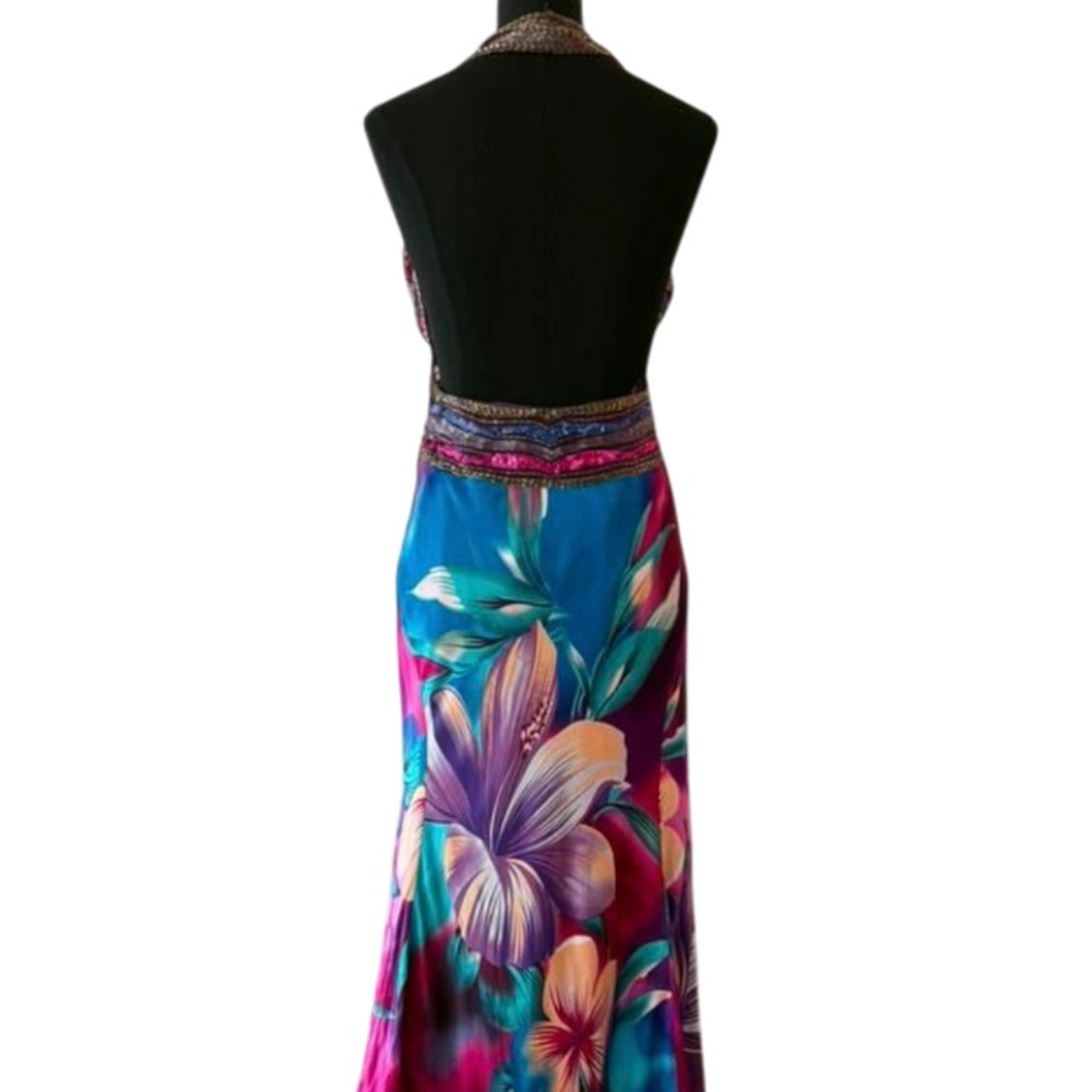 Caché Silk Halter Vibrant Watercolor Floral Beaded Mermaid Maxi Dress Size 6 NWT - Picture 5 of 13